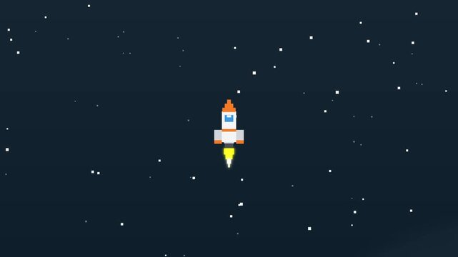 Pixel art spaceship flies through starry night sky, computer game animation, loopable motion graphic