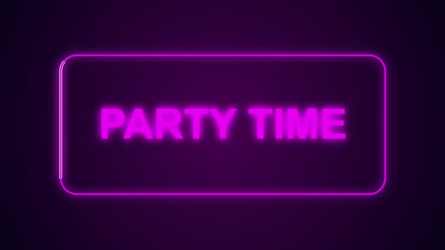 Animated neon sign glows party time text on dark brick wall background, celebration loop