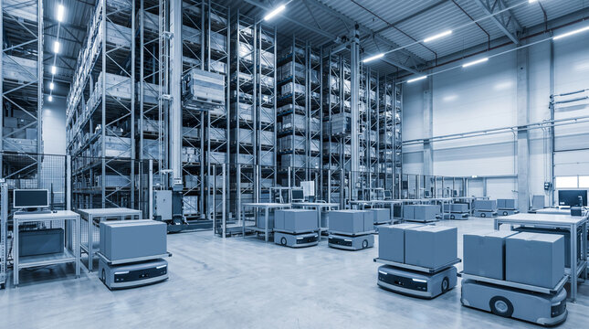 Automated Warehouse with Stacker Crane and Autonomous Mobile Robots Transporting Boxes
