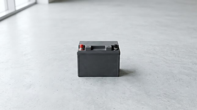 A standard 12 volt battery isolated on a clean concrete floor surface, symbolizing reliable energy storage solutions for automotive and industrial power.