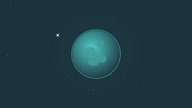 Animated plane orbiting a glowing planet in deep space, digital animation loop