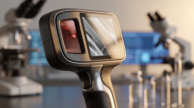 Modern Barcode Specimen Reader Close Up in Clinical Laboratory