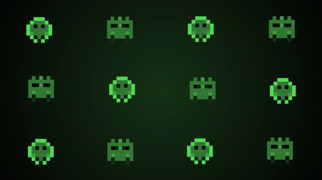 Pixel monster animation pattern, green retro game characters moving, dark moody background, looping motion graphic