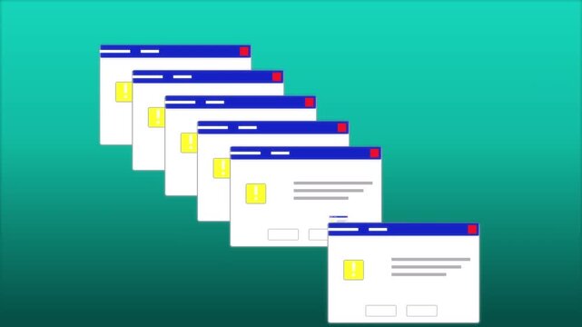 Retro computer error windows popping up, old operating system alerts, glitch effect, seamless loop animation