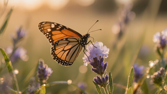 Monarch Butterfly Resting on Lavender Flower in Sunlit Meadow