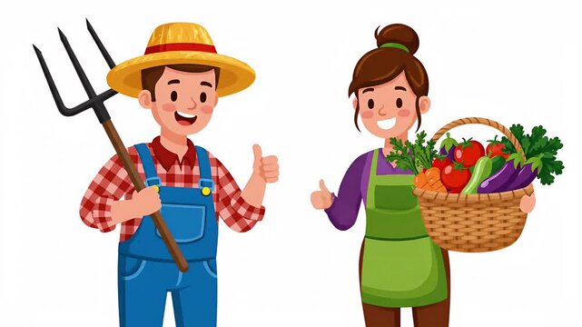 Happy farmers with pitchfork and basket of fresh vegetables, organic food harvest, healthy eating lifestyle, cartoon style