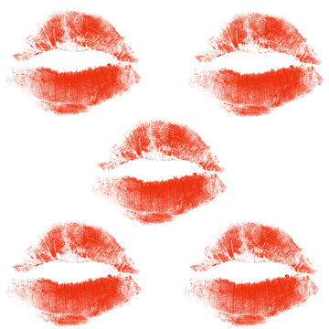 Red Kiss Lip Prints Corner Center Layout on White Background | Five Textured Lipstick Imprints Smudged Collection

