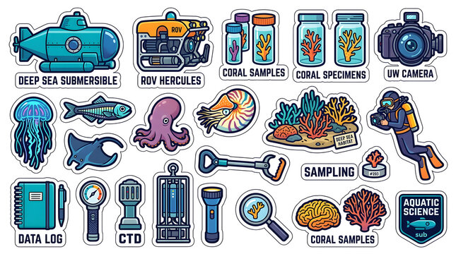 Oceanographic Research Collection: A vibrant array of illustrations depicting the tools and subjects of marine exploration, including a submersible, ROV, scientific instruments.