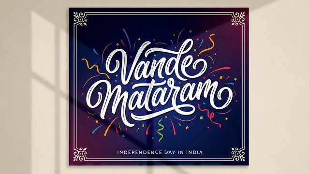 Vande Mataram calligraphy with colorful confetti and decorative border for Indian independence day wishes and patriotic message.
