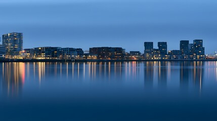 Naklejka premium Serene cityscape reflection tranquil twilight river view modern urban landscape peaceful digital art design