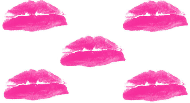 Pink Kiss Lip Prints Quincunx Pattern on White Background | Five Textured Lipstick Imprints Diagonal Collection

