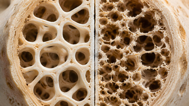 3D cross section illustration comparing healthy bone density with porous osteoporotic trabecular structure