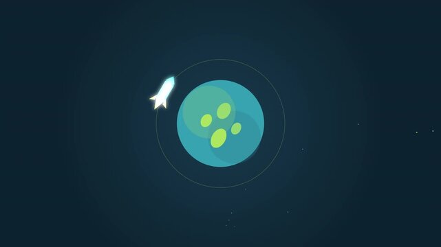 Rocket flying around a stylized planet in deep space, animation loop, outer space exploration, celestial travel, digital art
