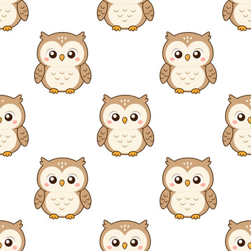 Cute cartoon owl seamless pattern background, happy brown bird big eyes repeating tile print art
