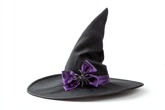 A classic black witch hat adorned with a purple ribbon and a spooky spider accent, perfect for Halloween.