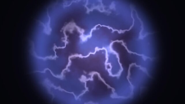Electric plasma ball with blue lightning bolts, glowing energy sphere animation, mystical purple power surge on black background