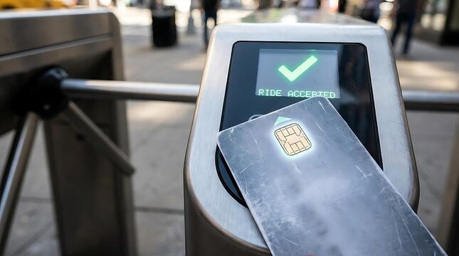 Contactless credit card payment at public transport ticket gate.