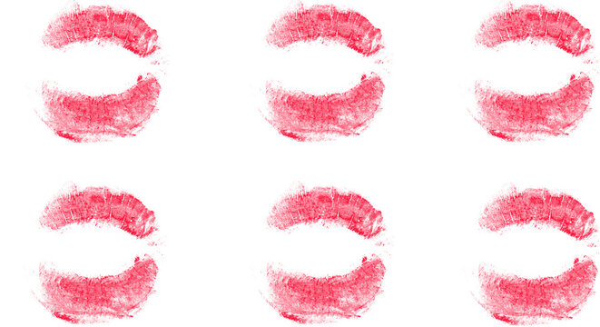 Red Kiss Lip Marks Grid Pattern on White Background | Six Textured Lipstick Imprints Warm Red Collection

