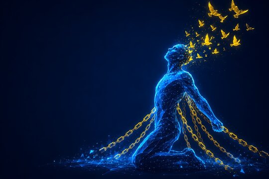 Person kneeling breaking chains of depression with flying golden birds representing freedom.world suicide prevention day & depression, liberation.world suicide prevention day & depression