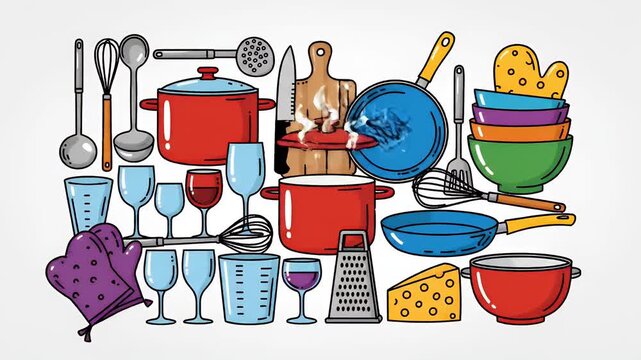 collection of kitchen utensils and cookware in a playful cartoon style, cooking elements, food preparation items, colorful and fun illustration