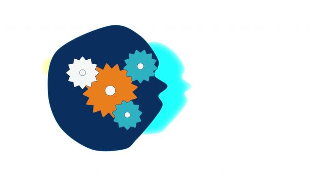 motion graphic animation of serotonin concept, gears turning inside silhouette human head, brain function, neurological process