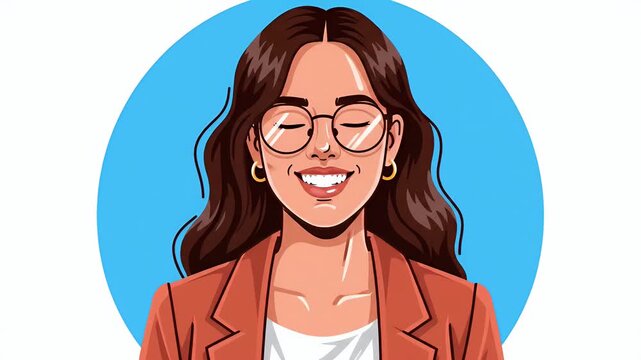 Animated illustration of a smiling woman wearing glasses and a blazer, serene expression, business casual attire, loop footage