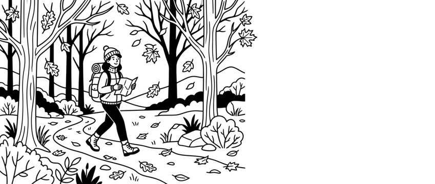 Young woman hiking on a path in autumn forest line art