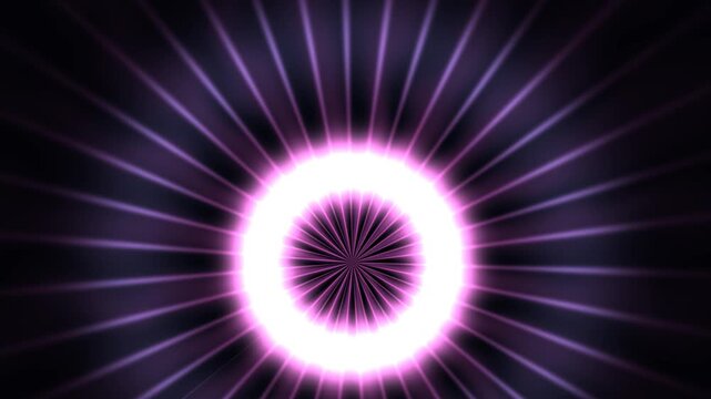 Abstract purple light ring with radiating sunburst rays. Glowing circular neon halo on dark background. Vibrant energy beam motion graphic.