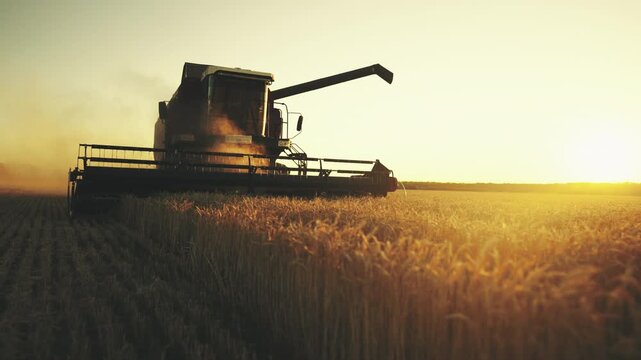 Modern agricultural technology, harvester combine cutting wheat or rye in field. Innovative agribusiness, growing cereals in ecological region, harvest season in countryside, agricultural machinery