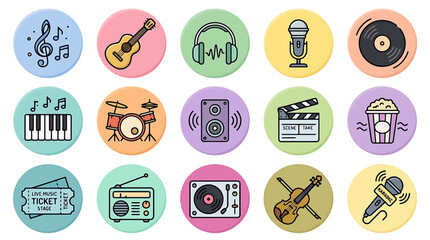 Fototapeta premium Colorful Audio, Musical Instruments, and Cinema Icons Collection