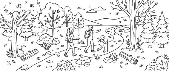 Obraz premium Family Hiking Together in Autumn Forest Coloring Page