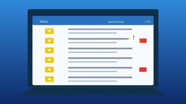 Animation of spam emails filling laptop inbox, email hacking concept, digital security warning
