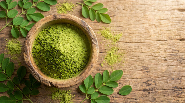 Top-down view of fresh moringa powder (Moringa oleifera) in a wooden bowl on a wooden table, with copy space.