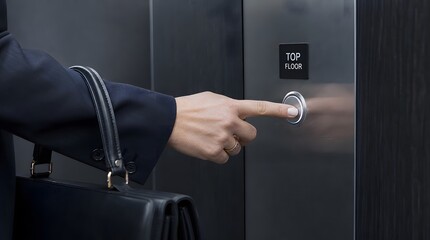 Naklejka premium Businesswoman hand pressing the elevator button to the top floor of a modern office building