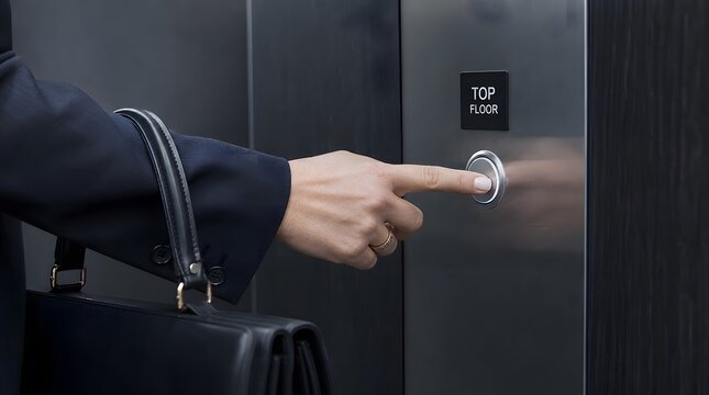 Businesswoman hand pressing the elevator button to the top floor of a modern office building