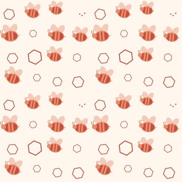 Bee and honeycomb seamless pattern of textured red and orange bees and honeycomb on off-white background, playful spring repeating botanical texture for honey packaging and spring branding