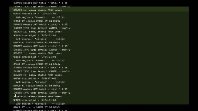 Computer screen terminal scrolling code and sql text, digital data processing animation