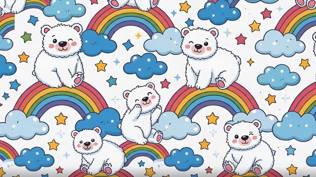 Cute polar bear pattern, cartoon style seamless animation with rainbows, clouds and stars, playful and cheerful motion graphic