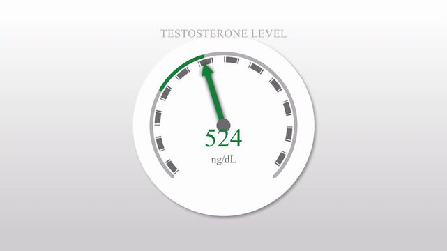 Animated testosterone level measuring device with green arrow and scale displaying fluctuating readings, motion graphic