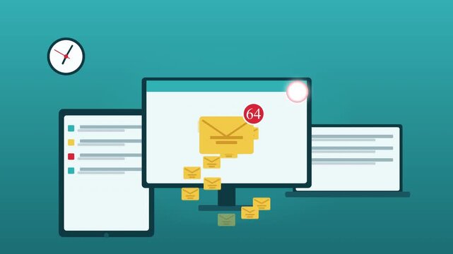 Motion graphic of overwhelming email notifications on digital devices, spam alert concept, data overload