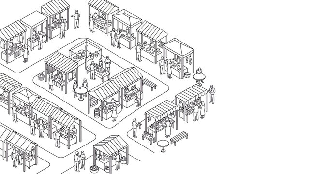 Isometric line art illustration of an outdoor street market bazaar