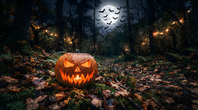 Spooky jack o lantern pumpkin in dark forest at night