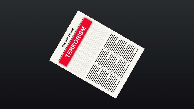 animated newspaper headline on terrorism, news alert and current events, dark social issues