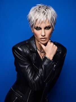 AI generated edgy portrait of a woman with a short silver pixie haircut wearing a black leather jacket