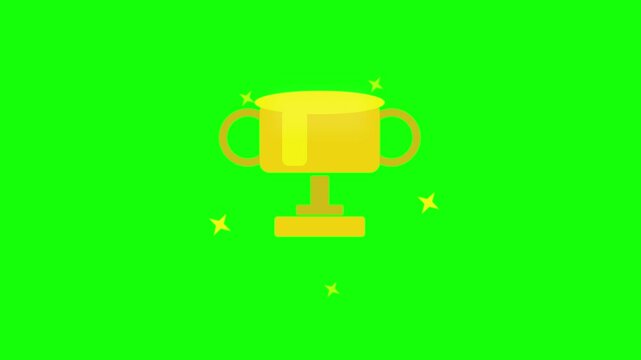 Golden cup award animation with sparkles on green screen background, competition winner celebration, sports victory symbol