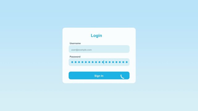 Website login animation typing username and password access, close-up footage on a soft blue background