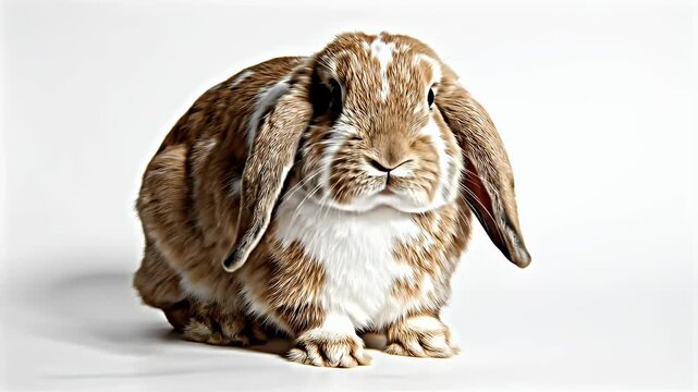 Adorable brown and white lop-eared rabbit sitting calmly, studio portrait, Easter holiday theme, cute pet animal, spring celebration, gentle furry creature