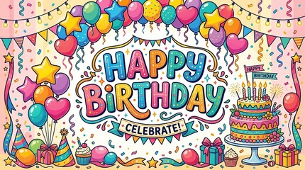Fototapeta premium Happy Birthday celebration banner with colorful balloons, confetti and decorated cake