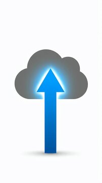 Cloud upload icon animation, digital data transfer, storage technology symbol, loading process, blue arrow up into gray cloud