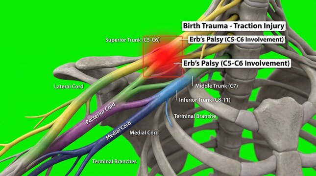 Anatomical model of brachial plexus showing Erb's palsy and nerve traction injury.
